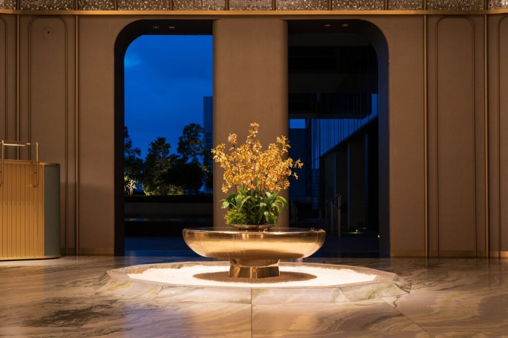 Hotel lobby entrance at night in a quiet Accra neighbourhood