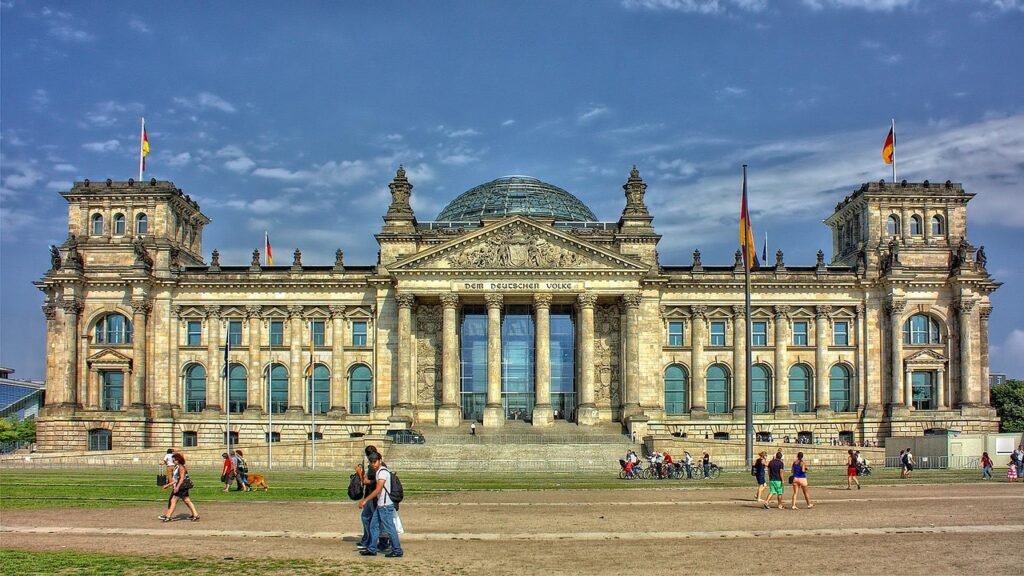 architecture, building, landmark, edifice, dome, glass dome, historic, historical, government building, reichstag building, b