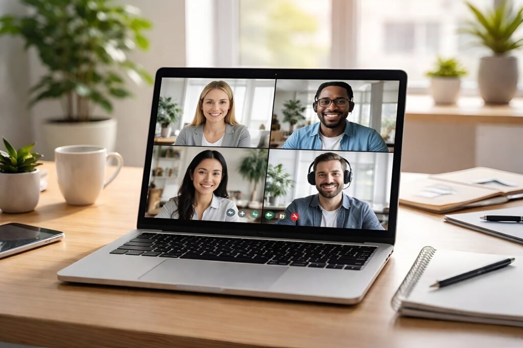 remote work, online meeting, team collaboration, video call, laptop screen, digital communication, home office, desk setup, m