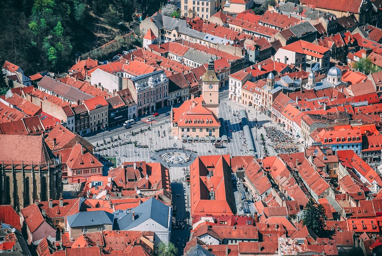 buildings, city, aerial view, bird's eye view, brasov, romania, transylvania, architecture, europe, tourism, urban, town, his