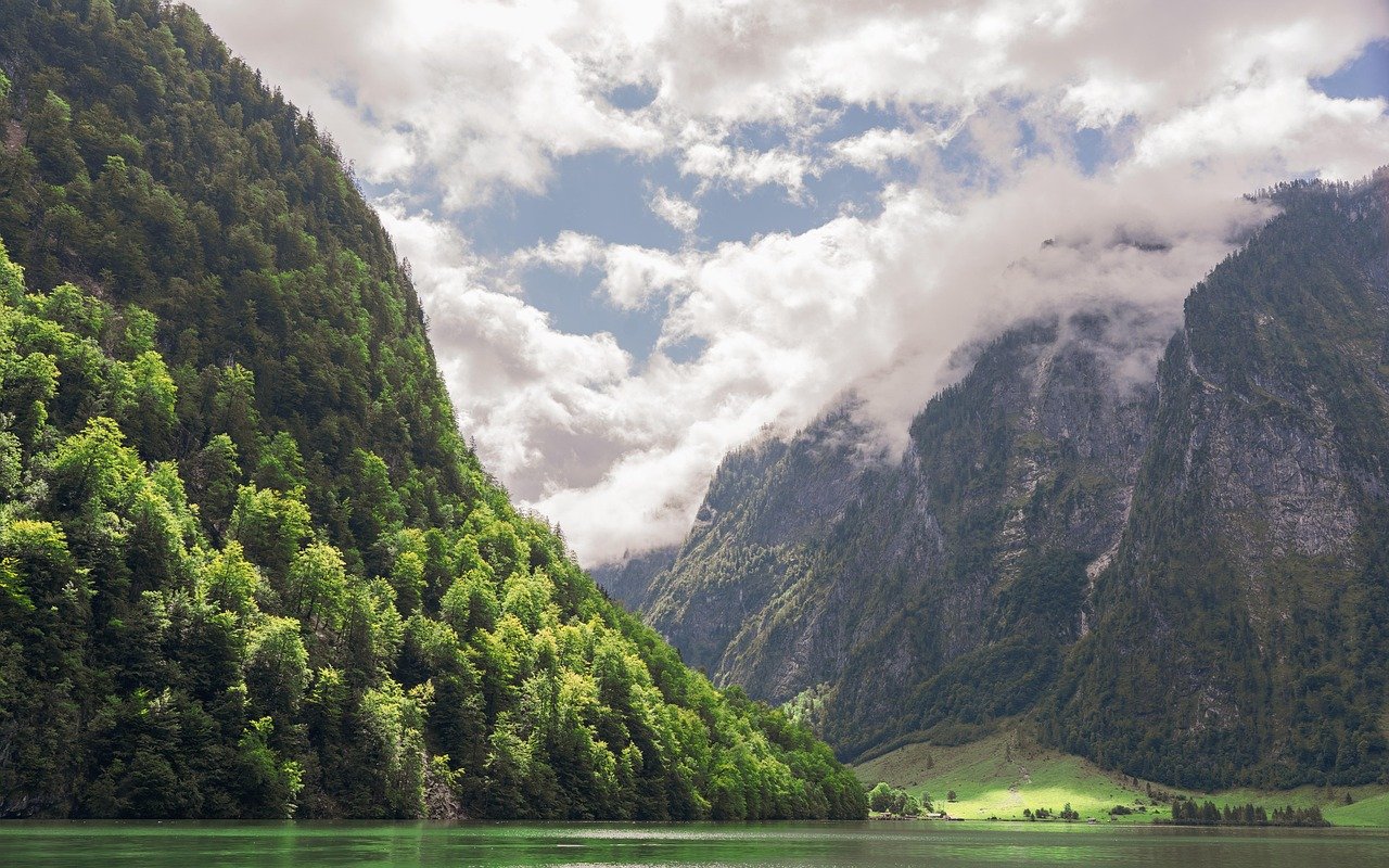 königssee, mountains, mountain landscape, landscape, water, lake, alps, nature, clouds, heaven, bavaria, germany, mountains,