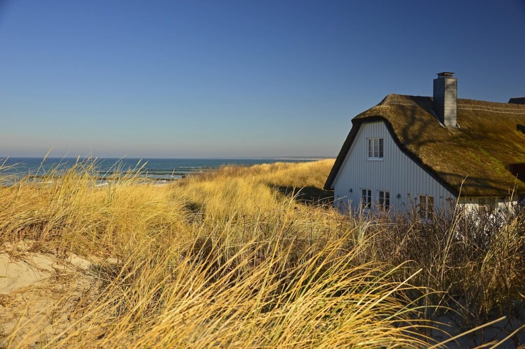 house, thatched cottage, dune, dune landscape, coast, landscape, nature, baltic sea, northern germany, ahrenshoop, house, hou