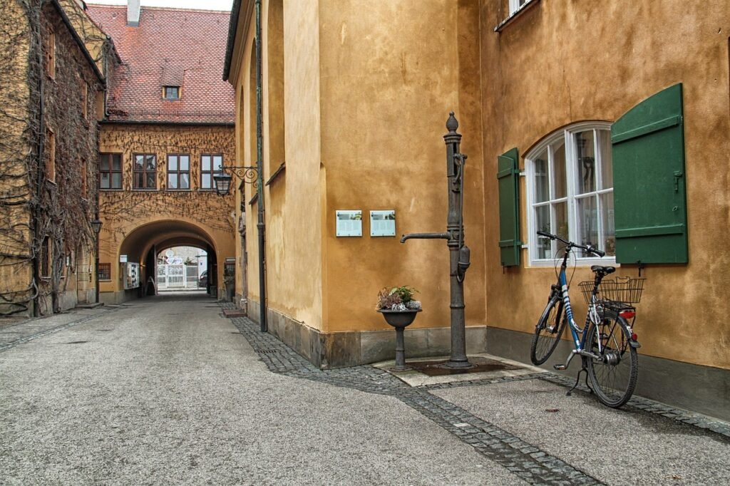 augsburg, germany street, buildings, city, urban, cities, outside, architecture, hdr, arch, wall, opening, bicycle, brown str
