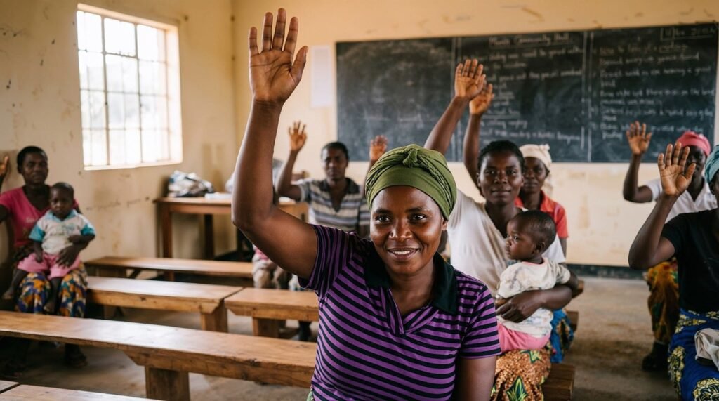 education, classroom, participation, learning, community, women, empowerment, hands raised, interaction, smile, headwrap, gat
