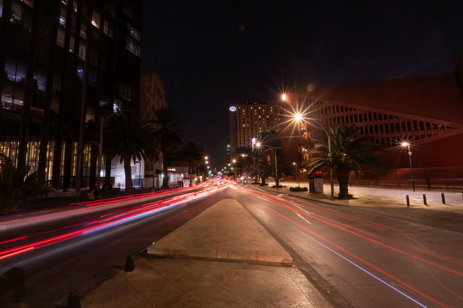 Nighttime long exposure of traffic lights in downtown Mexico City.