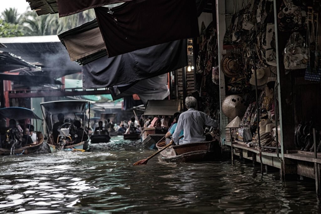 bangkok, river, market, boats, floating market, water, floating, transport, nature, travel, marketplace, scene, thailand, asi