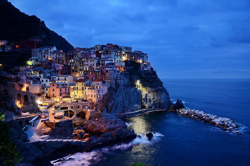 village, sea, coast, coastline, nature, seaside, water, ocean, bay, urban, buildings, houses, illuminated, night, evening, ci