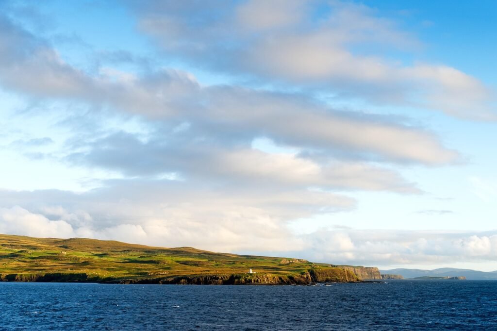 coastline, seashore, seaside, waterside, sea, island, clouds, nature, evening sun, sunset