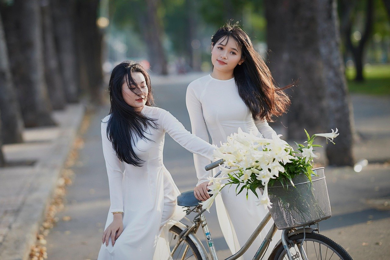 women, flower background, ao dai, bicycle, girls, friends, fashion, dress, beautiful, lilies, beautiful flowers, flowers, fri