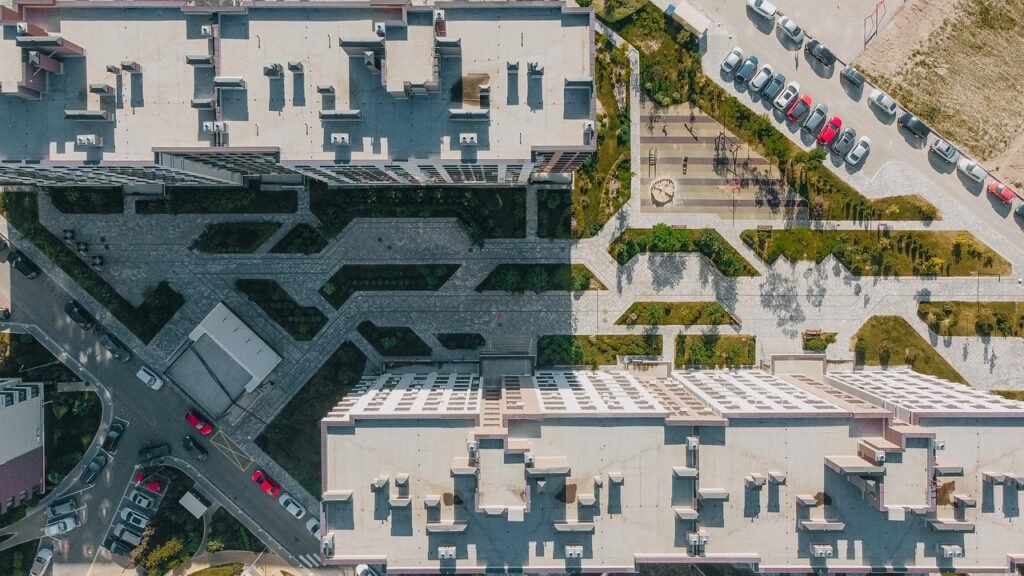 residential complex, buildings, top view, city, apartments, rooftop, street, road, urban, residential complex, residential co