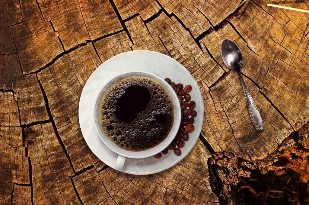 coffee, coffee cup, cup, drink, beans, coffee beans, wooden table, still life, cafe, aroma, coffee break, black coffee, brewe