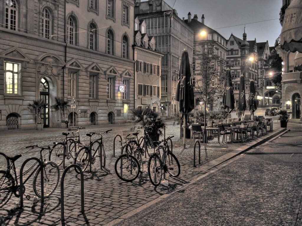 freiburg, city, germany, road, houses, magnificent buildings, cobbled, downtown, cycles, tomorrow, morning hour, lighting, da