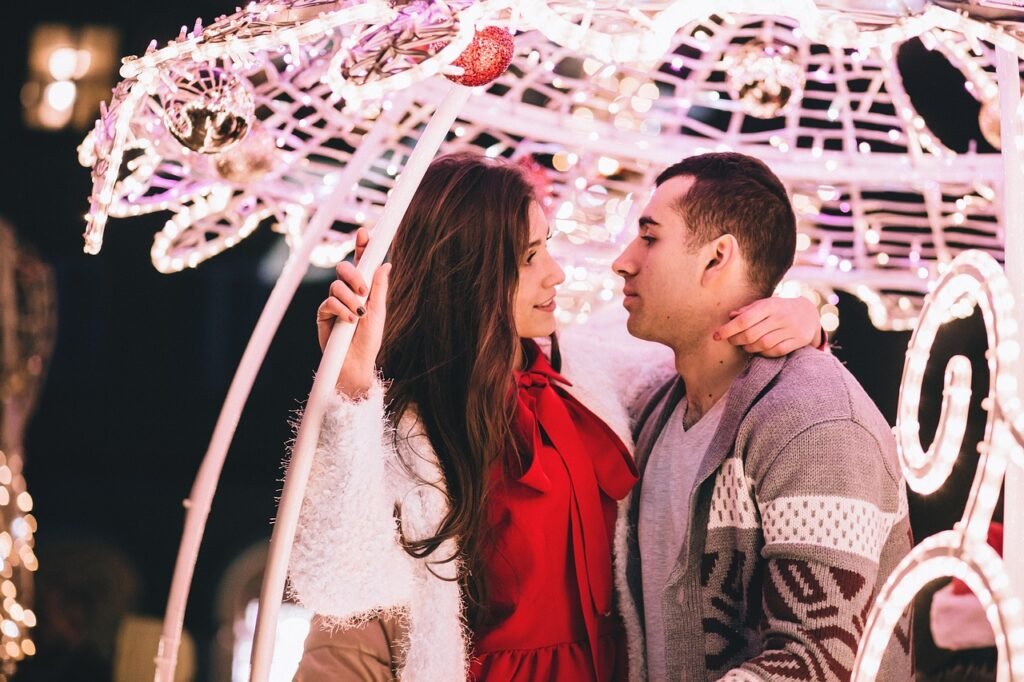 fashion, people, affectionate, anniversary, beauty, celebration, cheerful, christmas, christmastime, city, couple, date, deco