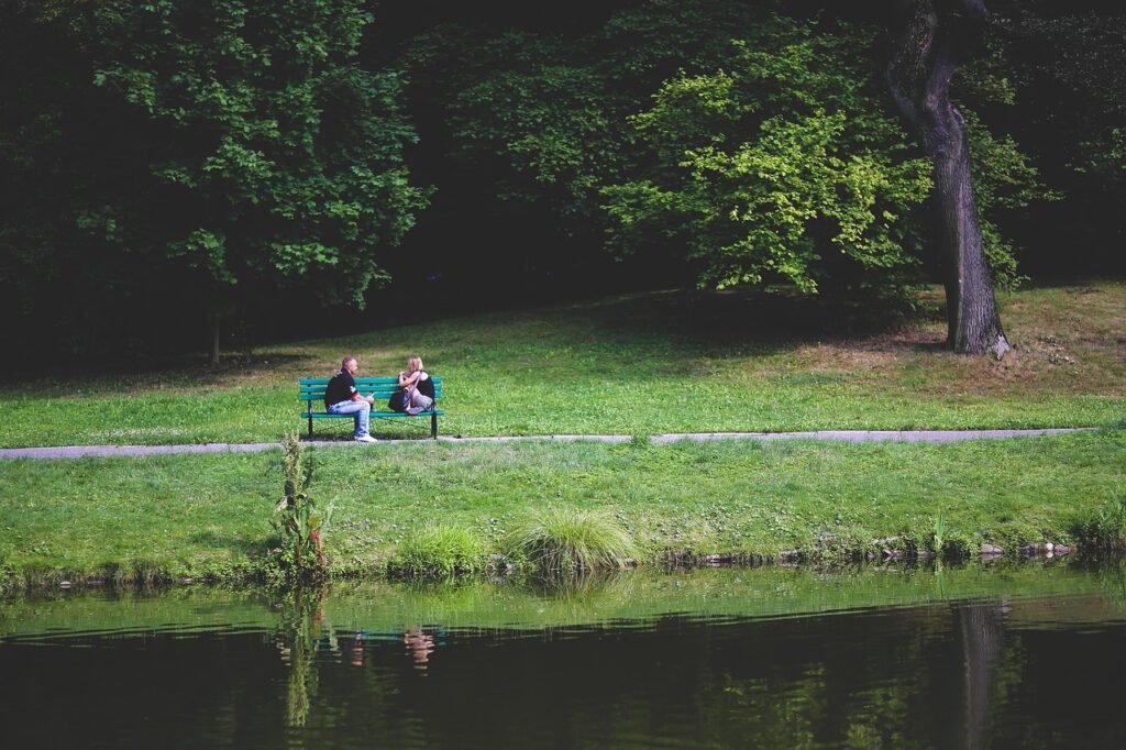 couple, love, friends, bench, park, forest, trees, woods, date, talking, talk, people, boy, girl, green love, green forest, g