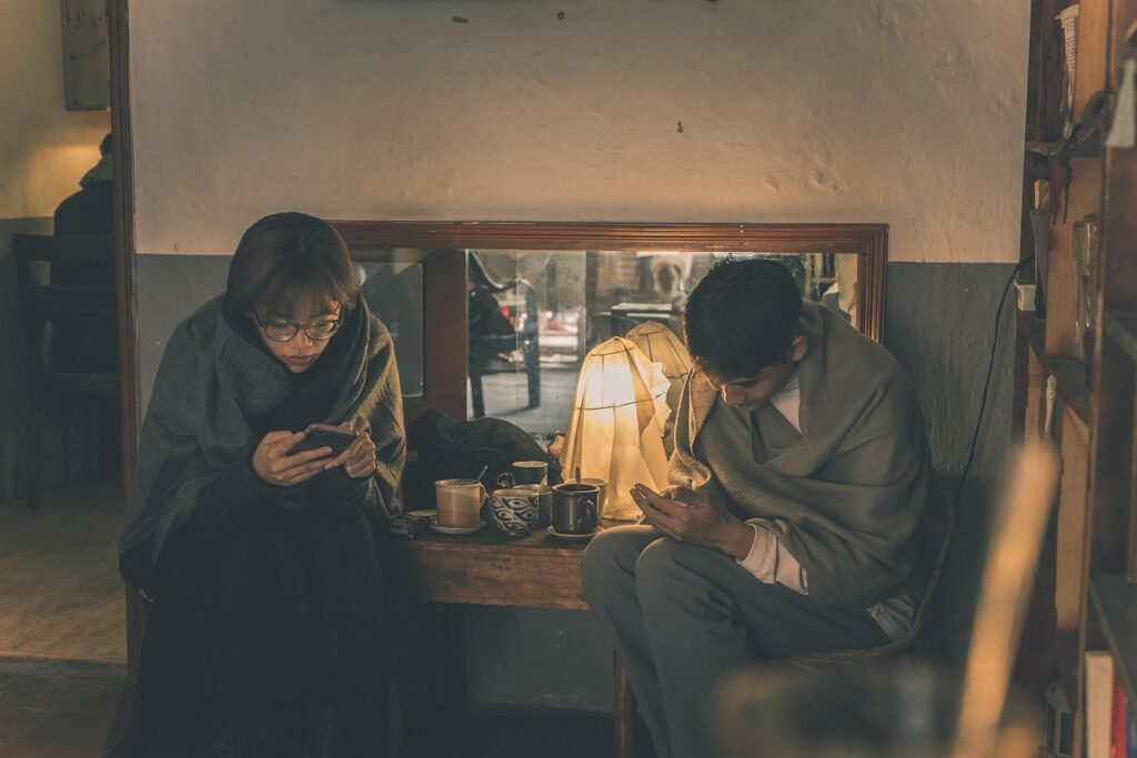 couple, cafe, leisure, smartphone, mobile phone, man, woman, together, cold