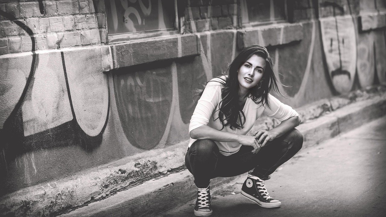 woman, girl, crouching, female, leisure, people, adult, sit, street, hip hop, urban, lifestyle, fashion, attractive, model, c