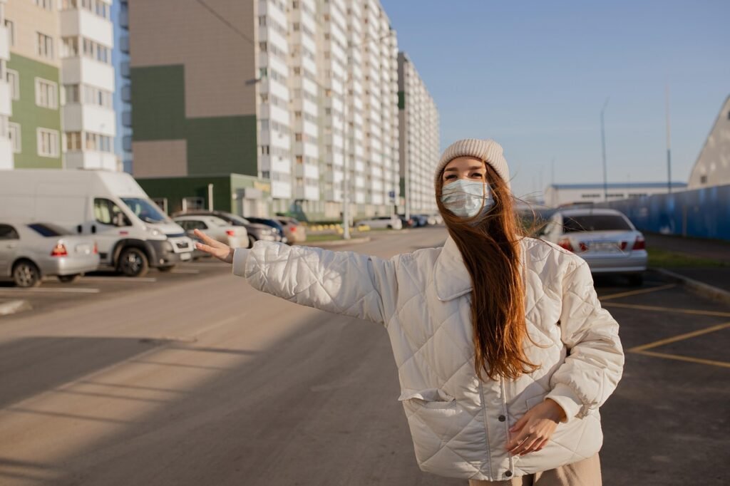 woman, young, road, mask, travel, street, taxi, city, girl, lifestyle, pandemic, business, person, coronavirus, urban, outdoo