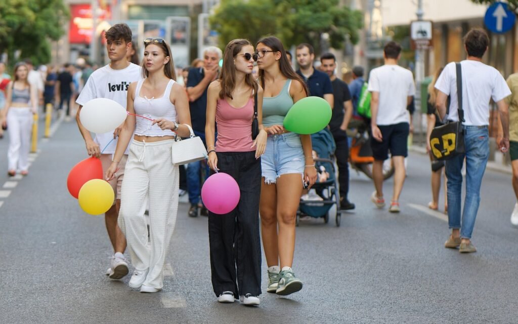 people, walking, promenade, balloons, street, urban, lifestyle, city