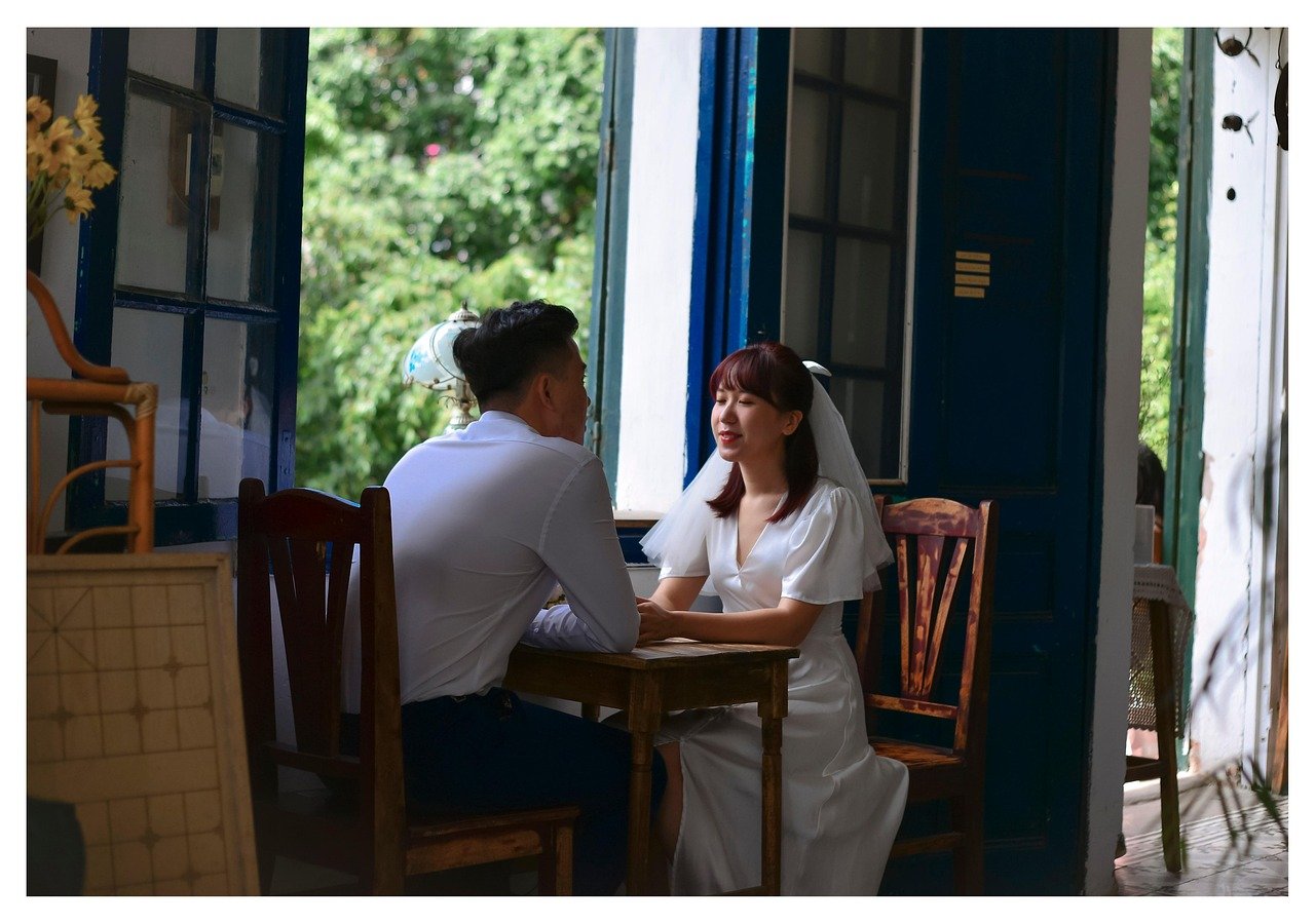 bride, groom, cafe, couple, wedding, man, woman, romance, romantic, together, relationship, happy