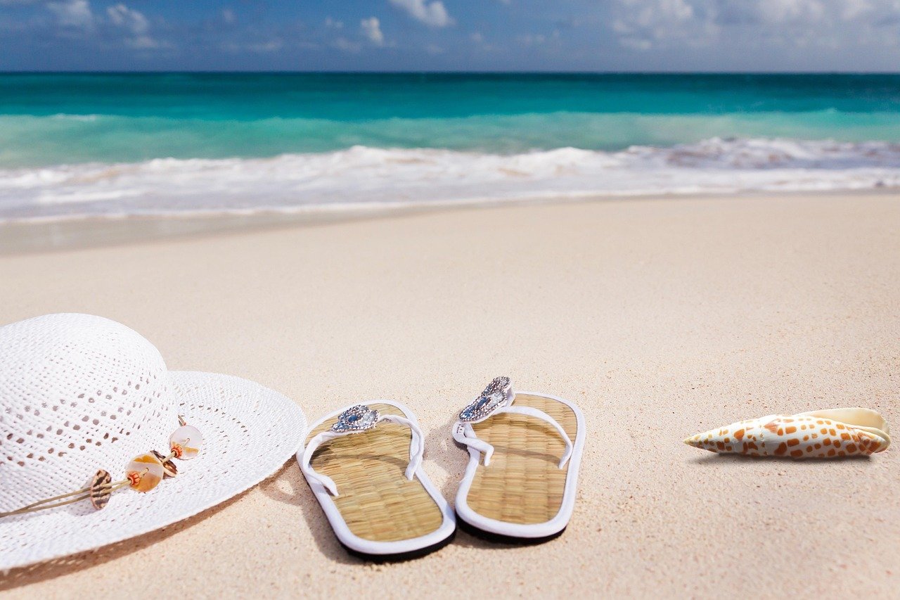 beach, sand, sea, sandy beach, vacations, nature, caribbean, coast, summer, coneflower, flip-flop, shell