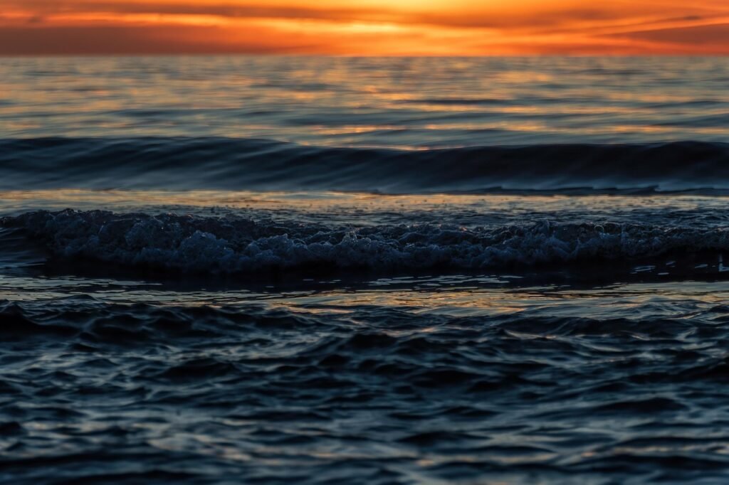 sunset, sea, beach, waves, sun, coast, water, norlev-beach, horizon, clouds, north sea, landscape, nature, dusk, denmark, sun