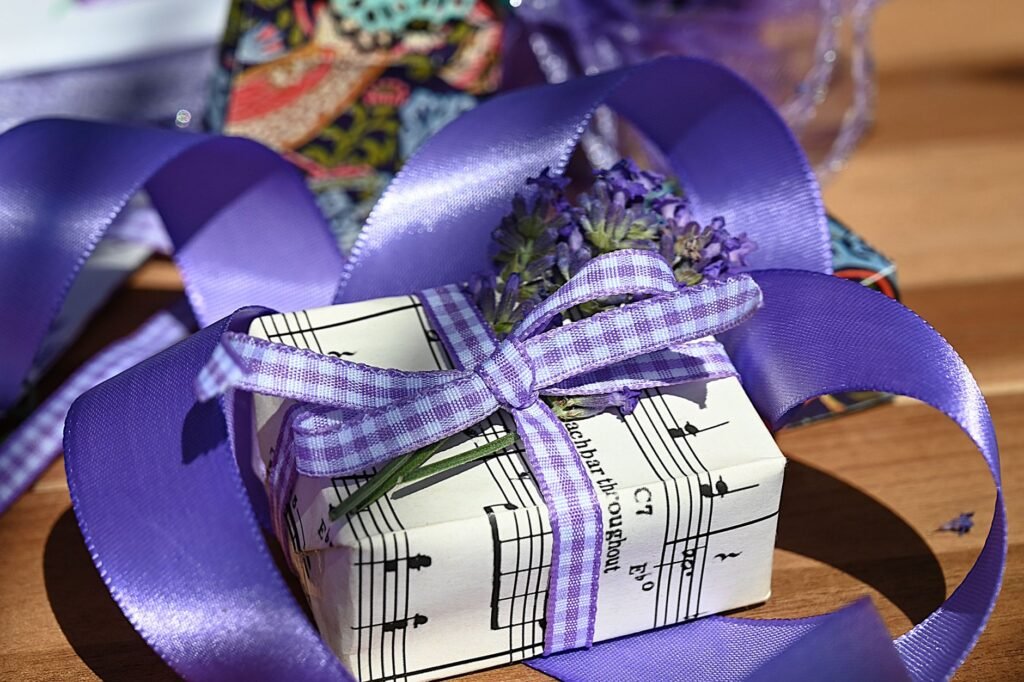 Small thoughtful gifts arranged on a wooden table