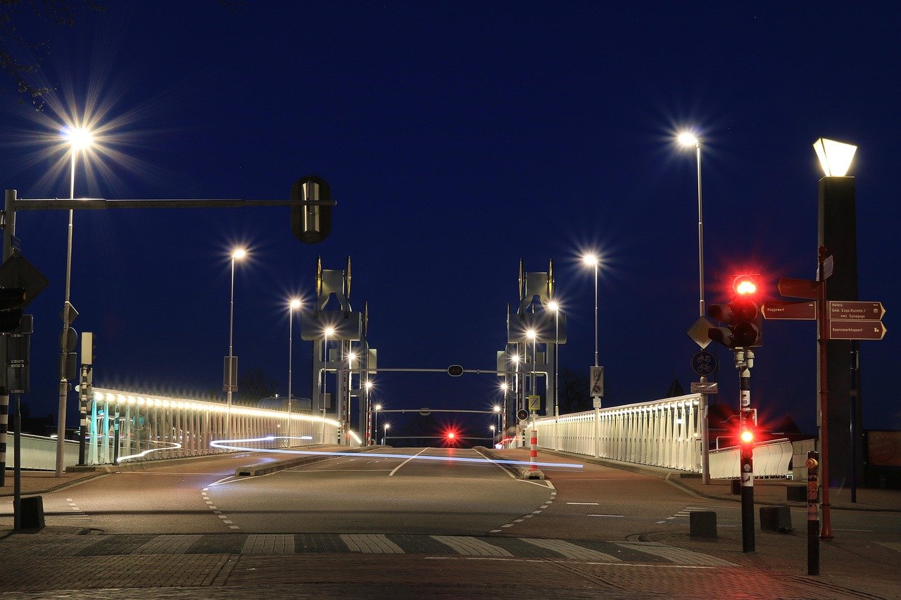 bridge, road, asphalt, lantern, street scene, long exposure, night shot, night, illuminated, tracer