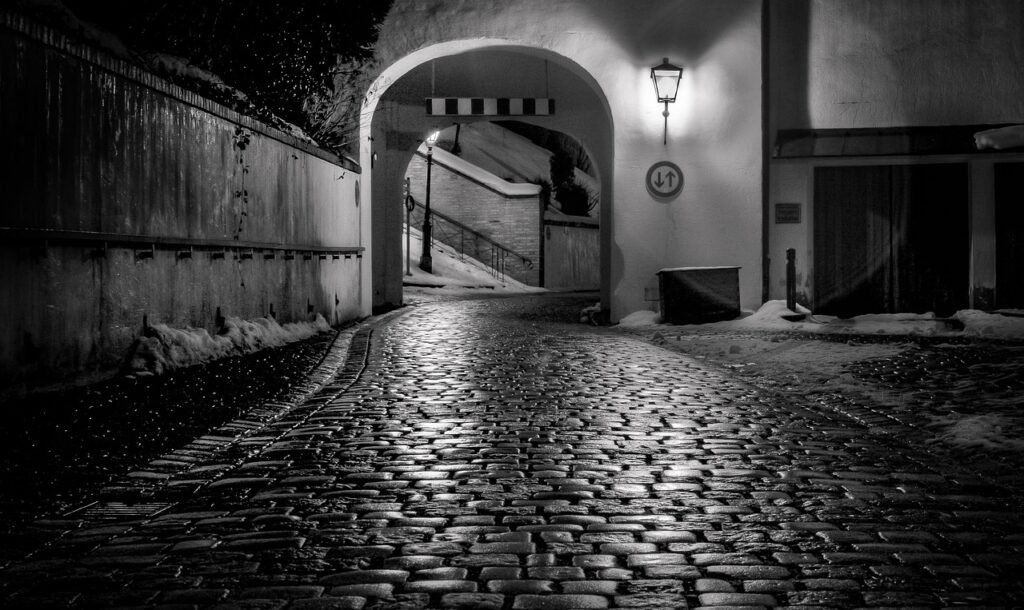 night, cobblestone, path, road, street, architecture, old, dark, stone, lamp, exterior, alley, brick, scene, lantern, wall, n