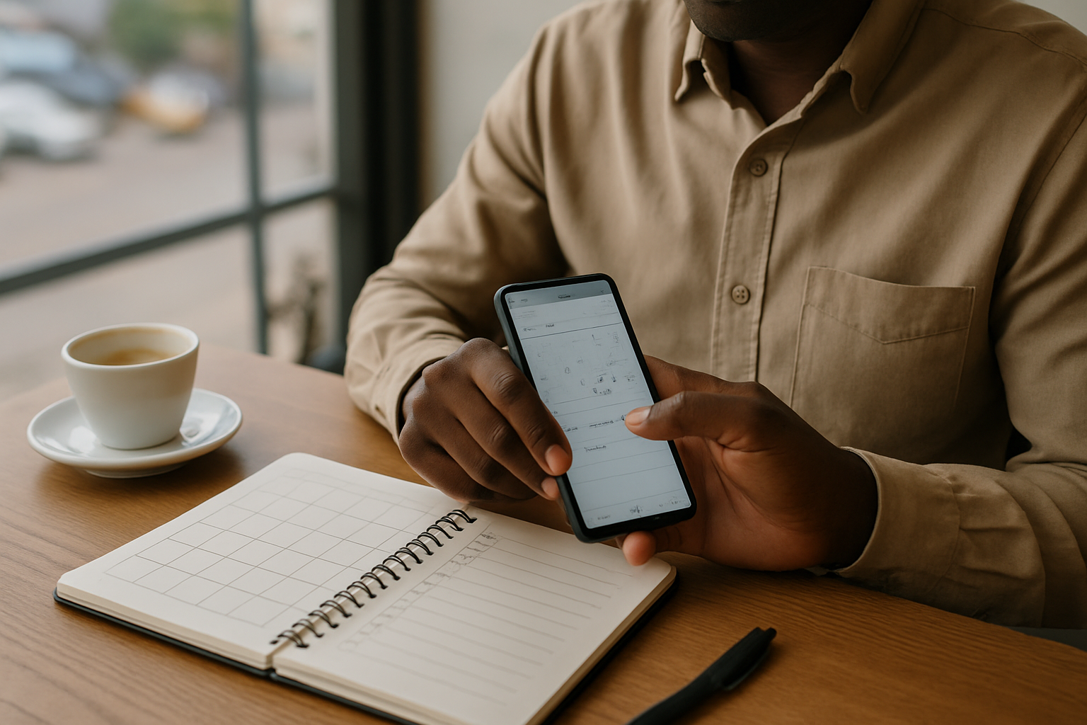 Adult reviewing appointment details on a smartphone in a discreet café setting