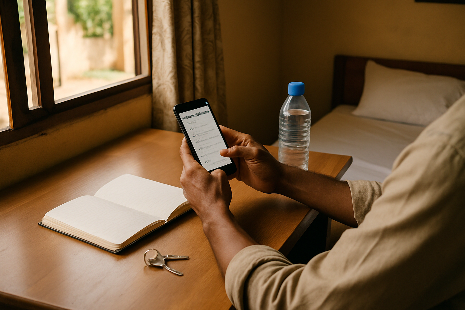 Adult traveller discreetly reviewing companionship meeting plans in Saboba