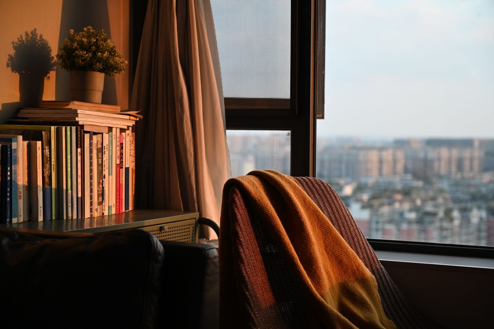 Quiet, tidy apartment interior with soft afternoon light, suggesting a calm and discreet setting