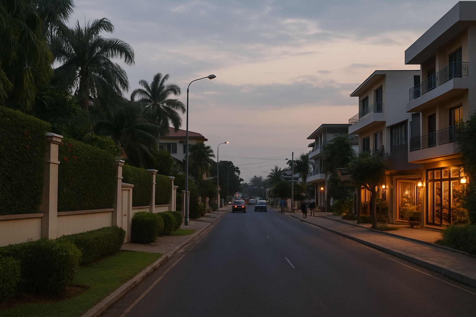 A calm East Legon streetscape in Accra at early evening
