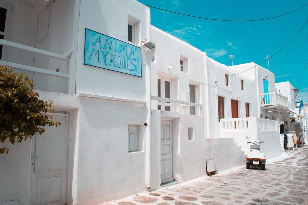 houses, mykonos, greece, street, white houses, architecture, road, town, nature, village, landscape, sunny, summer, outdoors,