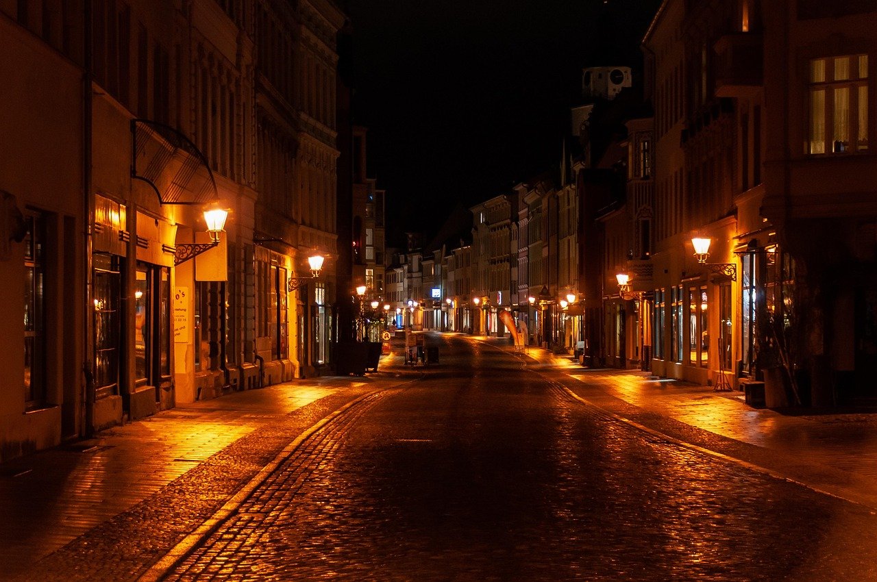 road, street lights, night, street, lighting, evening, dark, street lanterns, cobblestones, buildings, city, outdoors