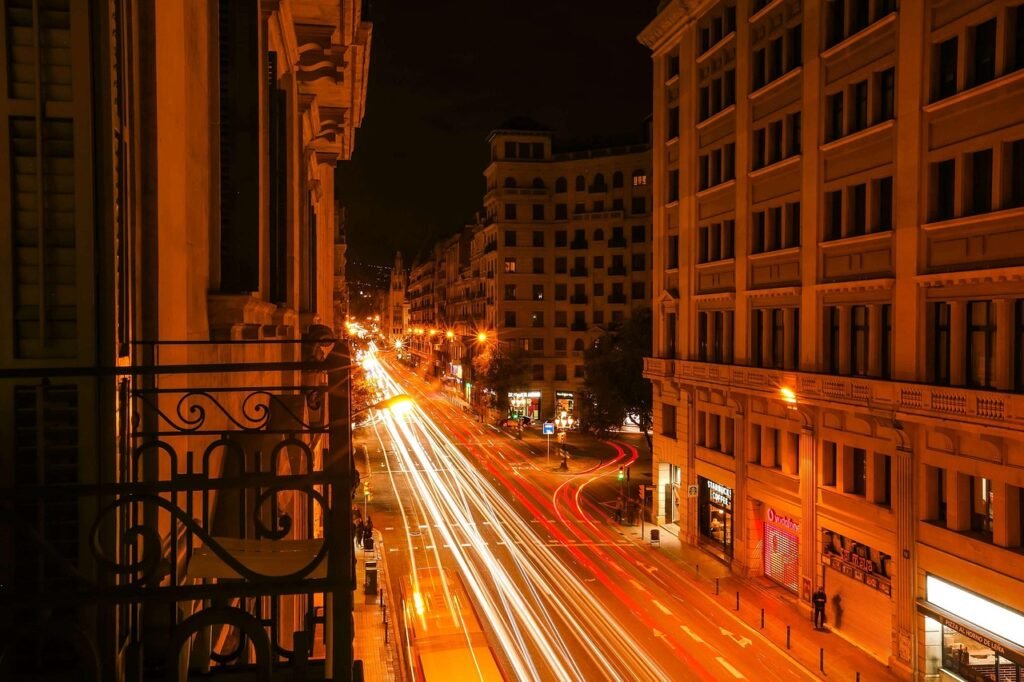 the city, evening, buildings, night, barcelona, lights, street