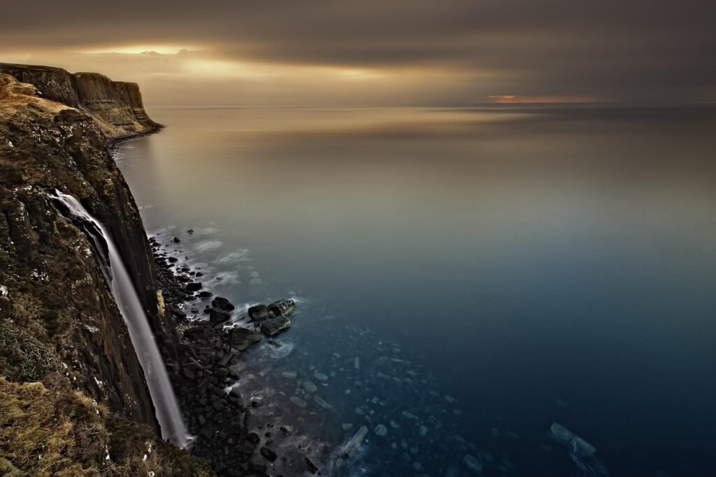 cliff, waterfall, scotland, isle of skye, landscape, sea, seascape, horizon, nature, mood, idyllic, distant view, water, clou