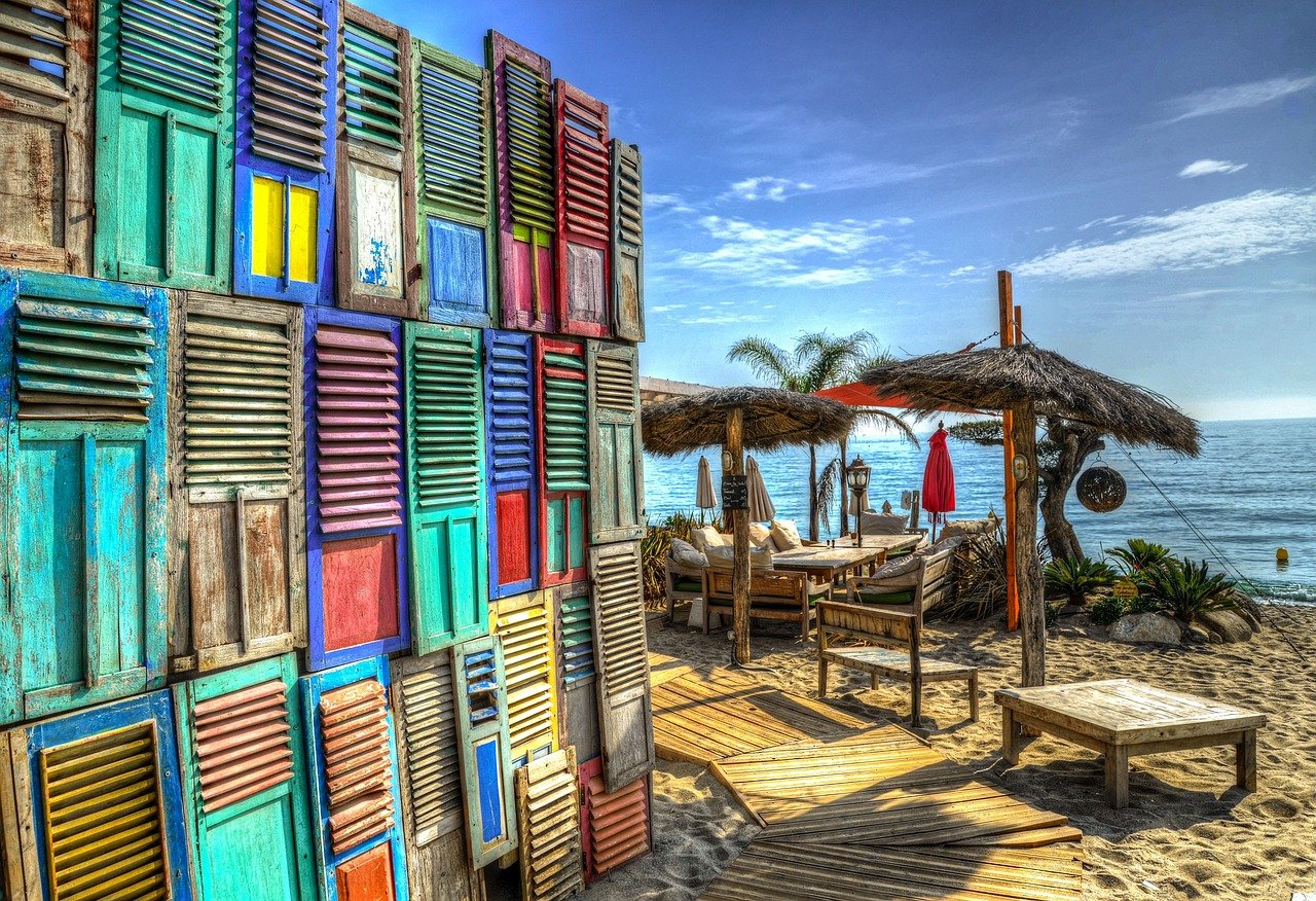beach, lounge, restaurant, nature, hdr, summer, travel, vacation, sea, chair, resort, ocean, holiday, tropical, umbrella, rel