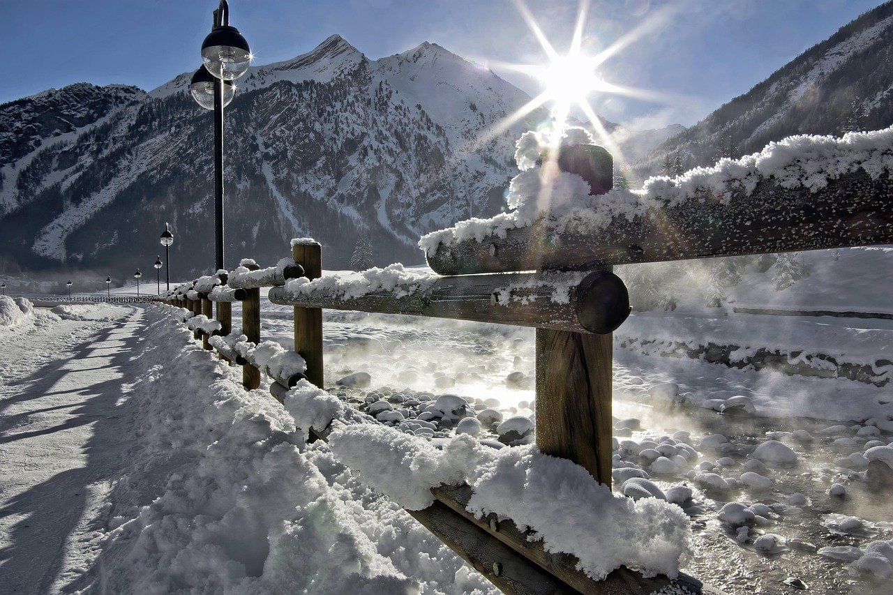 mountain, winter, alps, snowfall, whitewashed road, picket fence, street lamps, sunny, evaporation, torrent, vapor, nature, r