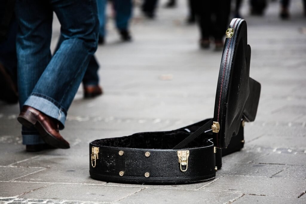 guitar case, street musician, donate, donation, musician, street performer, street performance, guitar case, donate, donate,