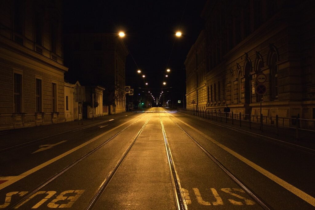 street, night, city, road, dark, evening, street lights, buildings, empty, empty road, street photography, empty road, empty