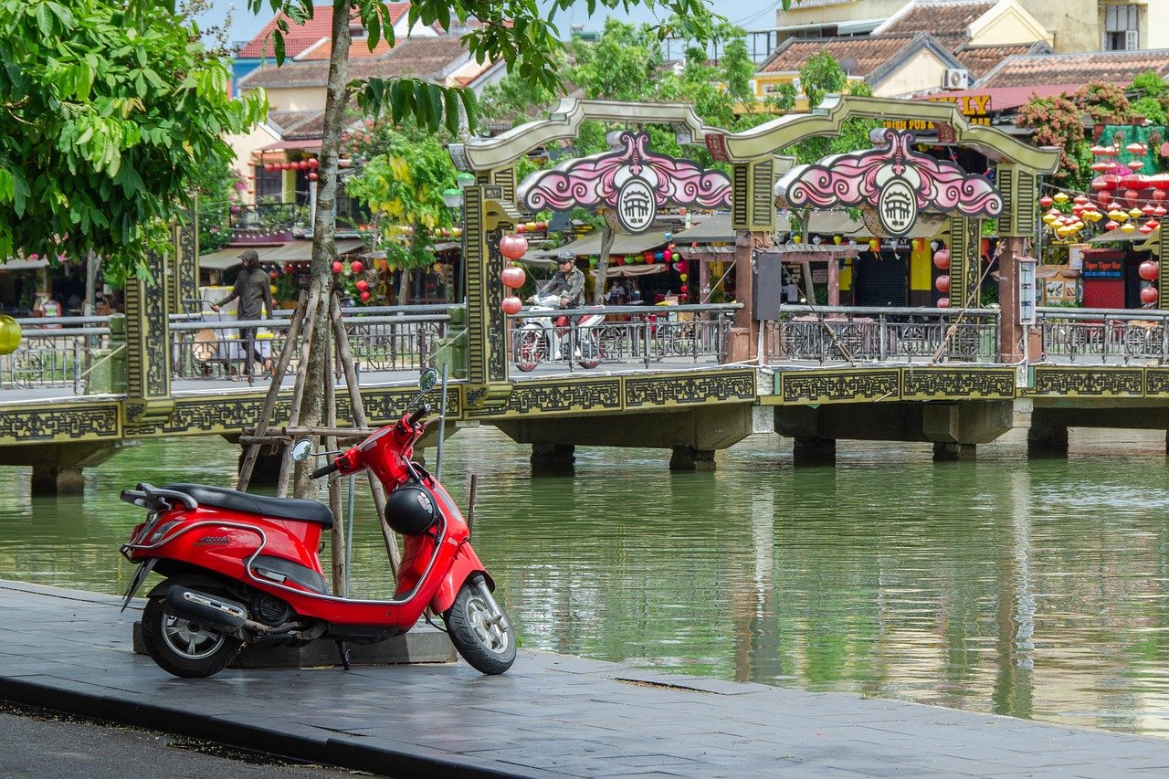 hoi an, bridge, river, old town, street, scooter, historic, unesco, vietnam, south-east asia