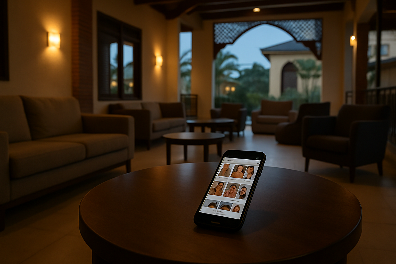 Smartphone used to browse an adult companion directory in a quiet Sunyani lounge