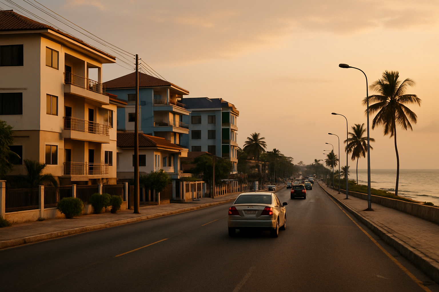 A calm evening street scene in Takoradi, Ghana