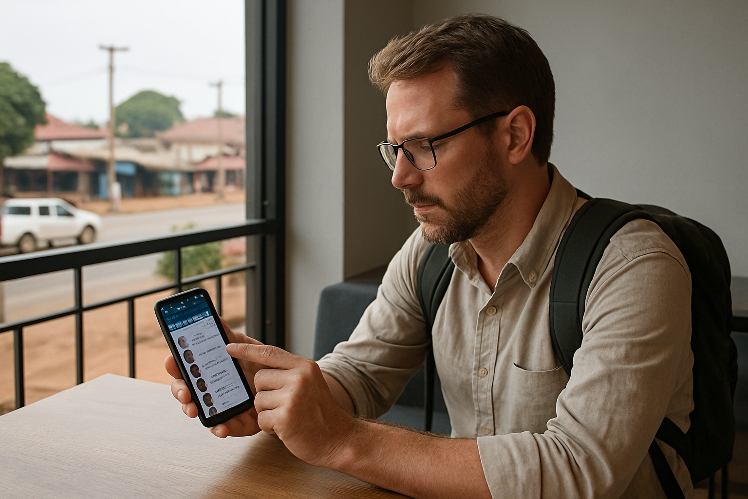 Adult traveller discreetly browsing a Tamale companion directory on a smartphone
