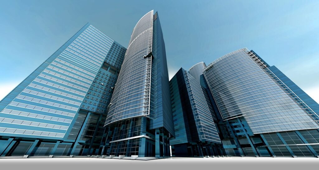 skyline, skyscraper, skyscrapers, building, architecture, city, high, urban planning, towers, 3d, rendering, banks, building,