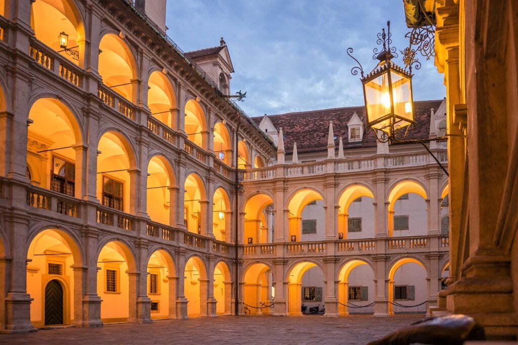 graz, country house, building, lighting, styria, arcades, columns, austria, tourism, renaissance, houses of parliament, archi