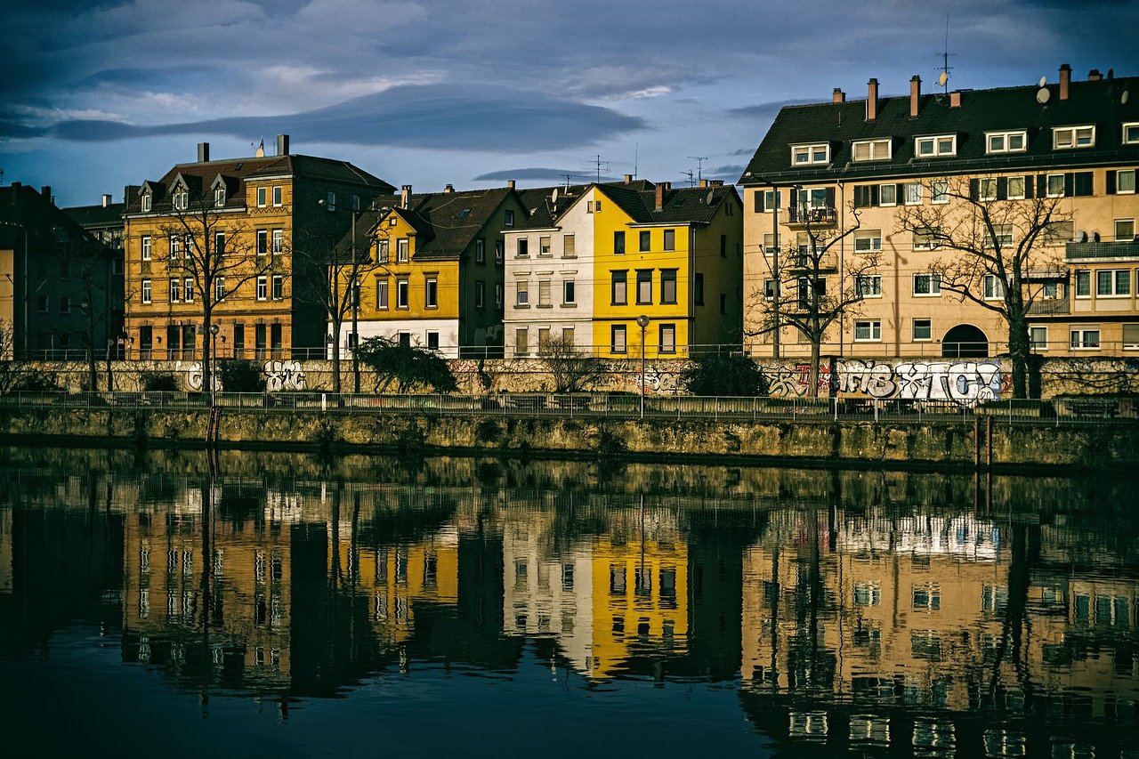 building, houses, river, water, mirroring, city, architecture, old, sky, nature, view, landscape, region