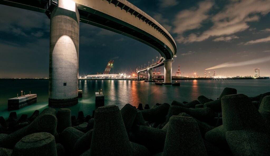 bridge, sea, nature, night, crane, port, lights, city, flyover, night view, boulders, rocks, gulf region, evening, scenery, s