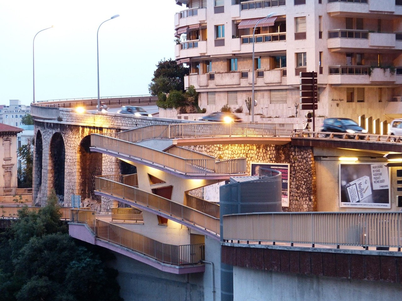 road, street scene, lighting, stairs, railing, sidewalk, downtown, city scene, monaco, evening