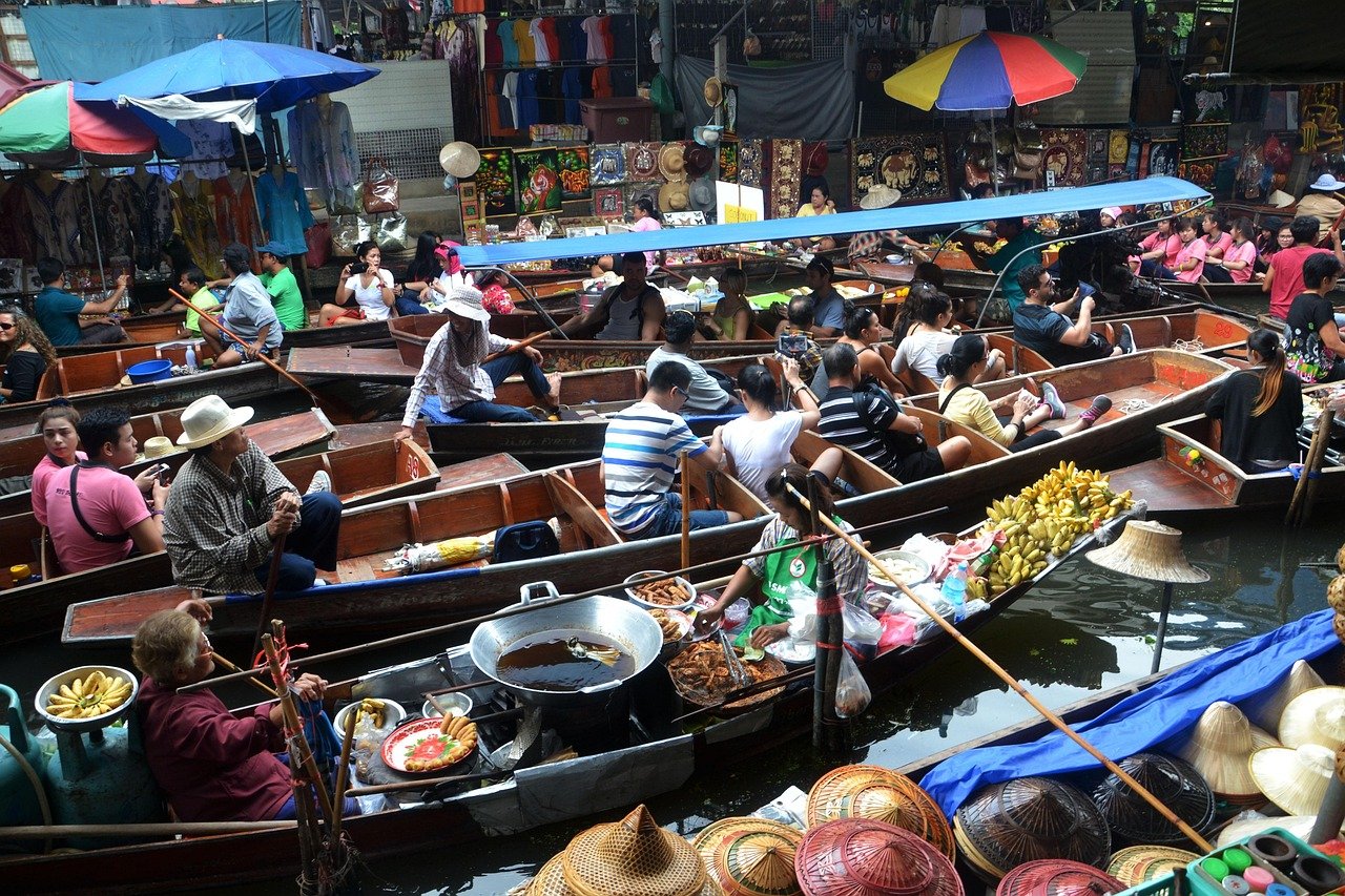 bangkok, thailand, floating market, boats, river, travel, thai, asia, landmark, tourism, nature, urban, culture, religion, to